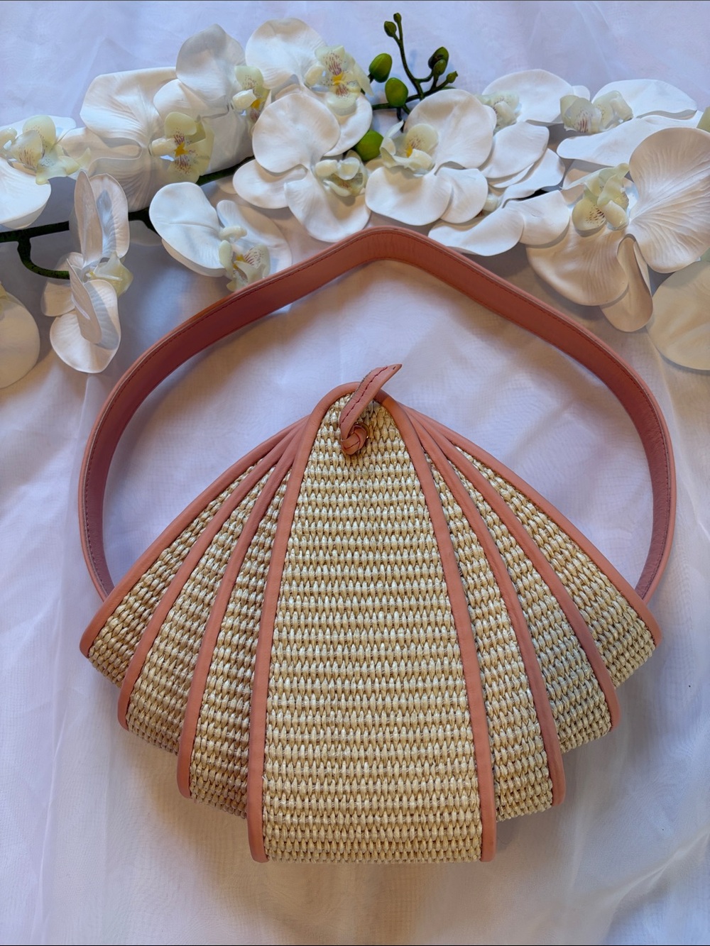 Klelia Handmade in Greece Raffia and Peach Pink Leather Accordion Shoulder Bag